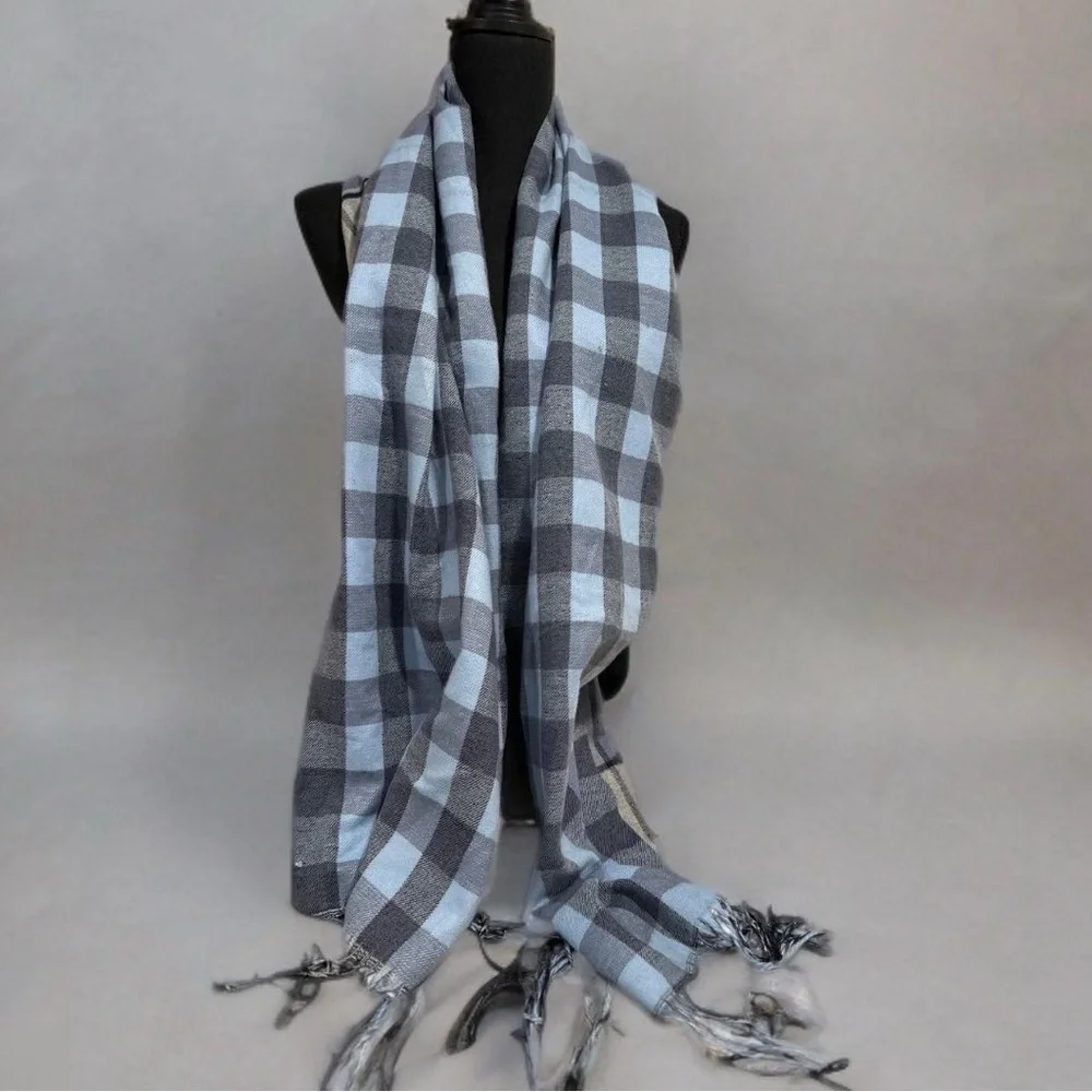 Super SoftDouble sided Plaid & Checked Pattern Blue Toned Long Scarf NEW